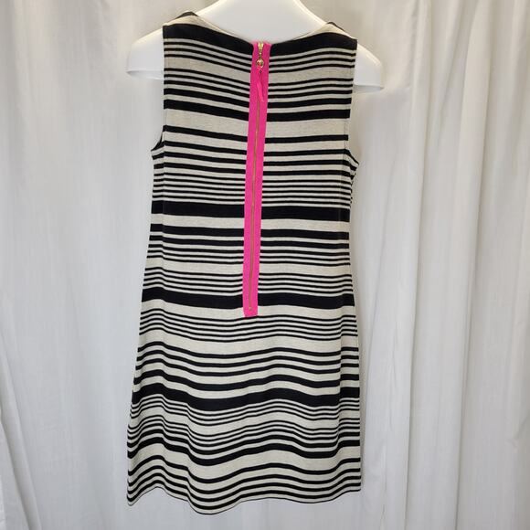 Donna Ricco Sheath Dress Striped Black and Tan w/ Pink Back Zip, M - Picture 5 of 8
